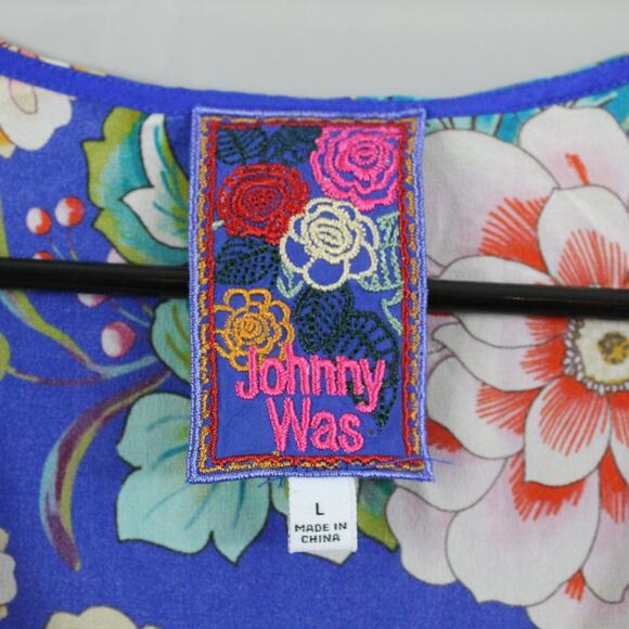 Johnny Was Dress Large Tiered Maxi Victoria Scarf Blue Silk Floral Boho Artsy - Picture 8 of 14